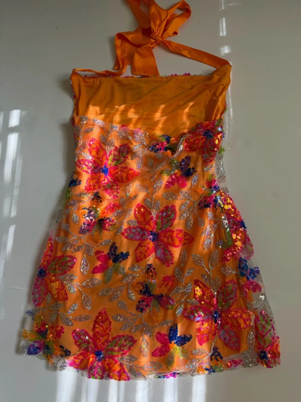 Selfie Leslie Orange Floral Sequin Halter Mini Dress - Picture 5 of 7